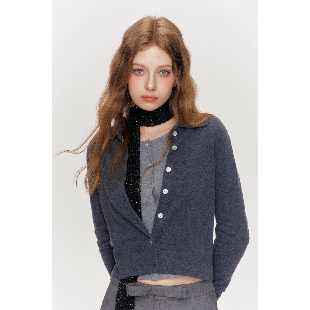 Kroche Shell Button Knitted Polo Cardigan Dark Gray