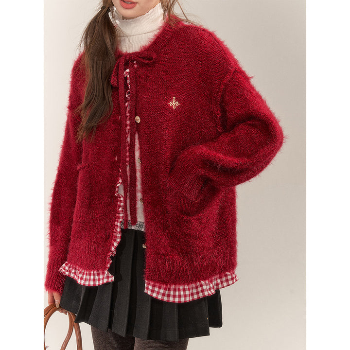 AsGony Fake-2-Piece Plaid Embroidery Knit Cardigan Red