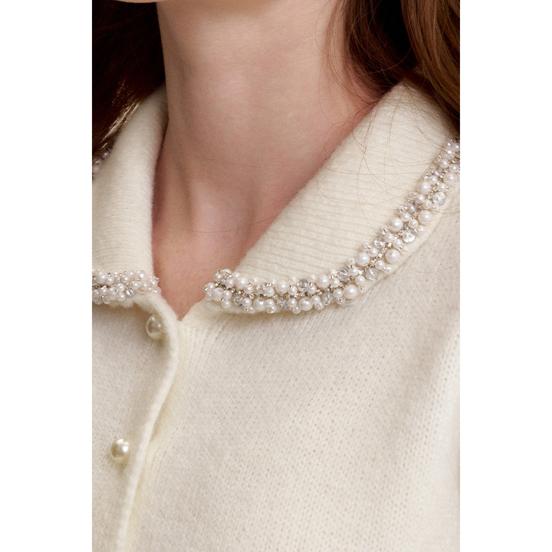 Kroche ﻿Pearl Button Doll Collar Knit Cardigan White