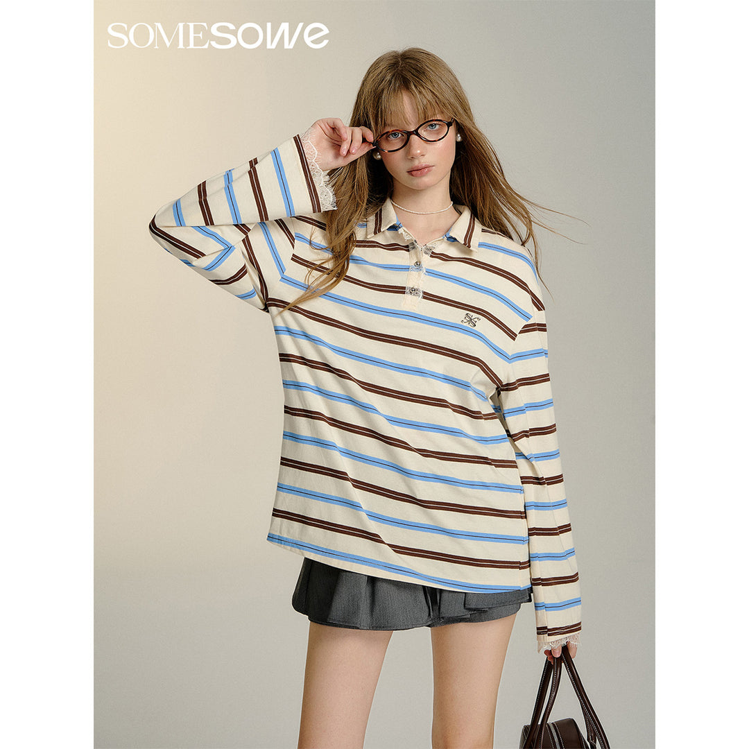 SomeSowe Lace Patchwork Striped Polo Long Sleeve T-Shirt