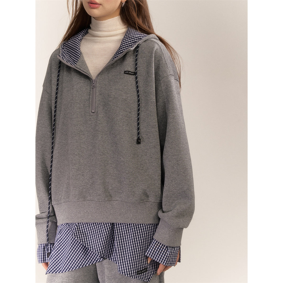 AsGony Fake-2-Piece Plaid Patchwork Casual Hoodie Gray