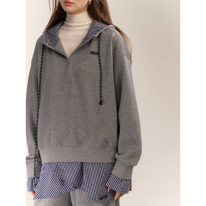 AsGony Fake-2-Piece Plaid Patchwork Casual Hoodie Gray