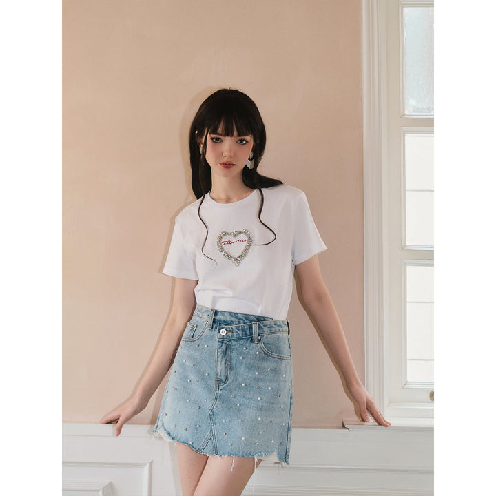 Three Quarters Logo Embroidery Rhinestone Heart Tee White - GirlFork