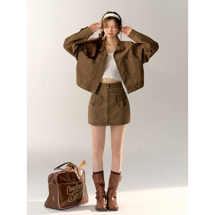 AsGony Retro Twill Zipper Casual Short Jacket Brown