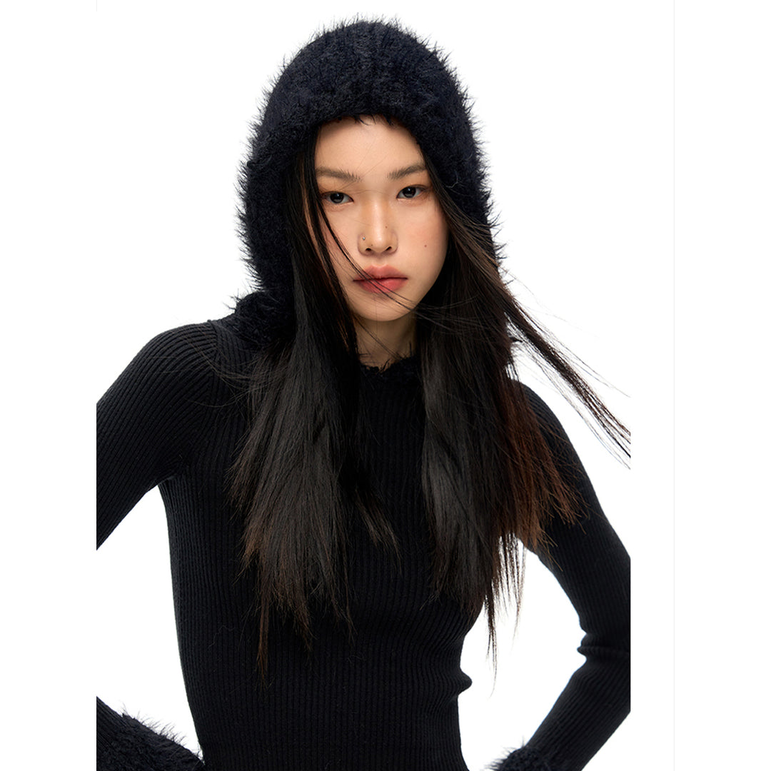 NotAwear Eco-Friendly Mink Hair Knit Hooded Top Black - Mores Studio