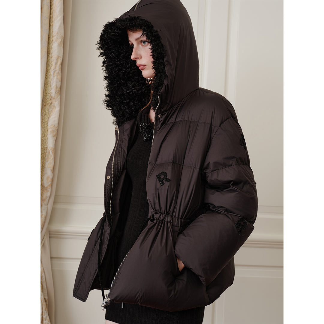 Rocha Roma Fur Collar Patch Down Jacket Black