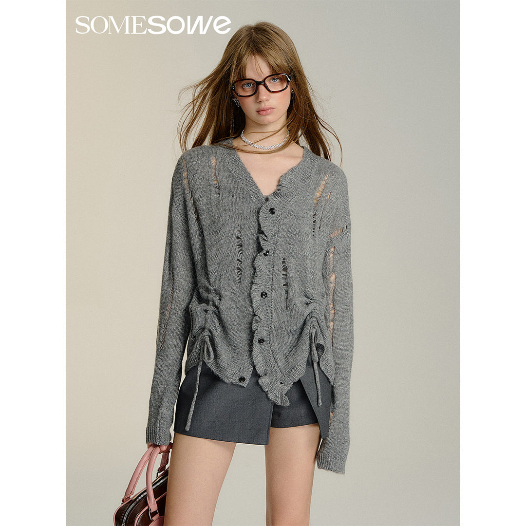 SomeSowe Destroyed Wrinkle Knit Cardigan Gray