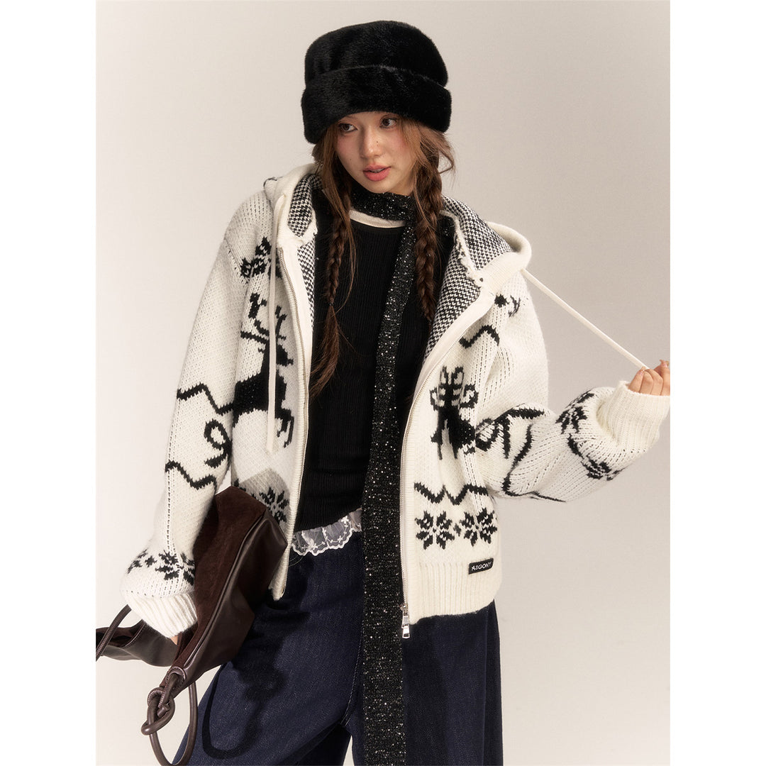 AsGony Fair Isle Moose Jacquard Retro Hooded Knit Cardigan White