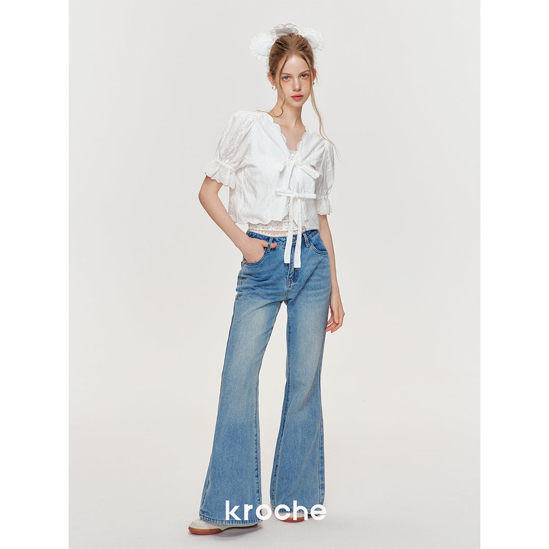 Kroche Lace Bow Lace Up Shirt Top White