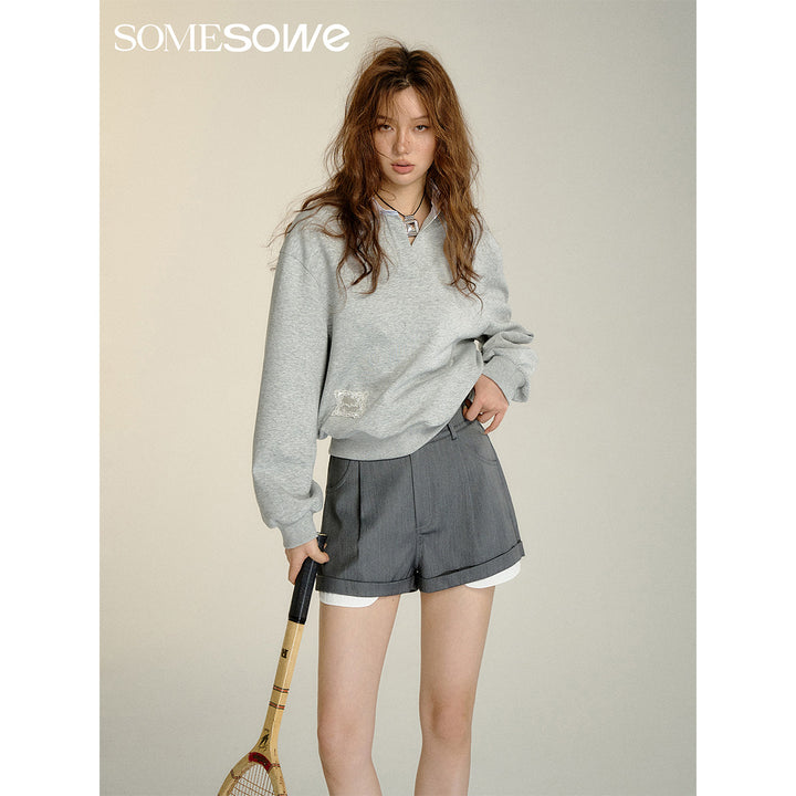 SomeSowe Fake-2-Piece Patchwork Casual Shorts