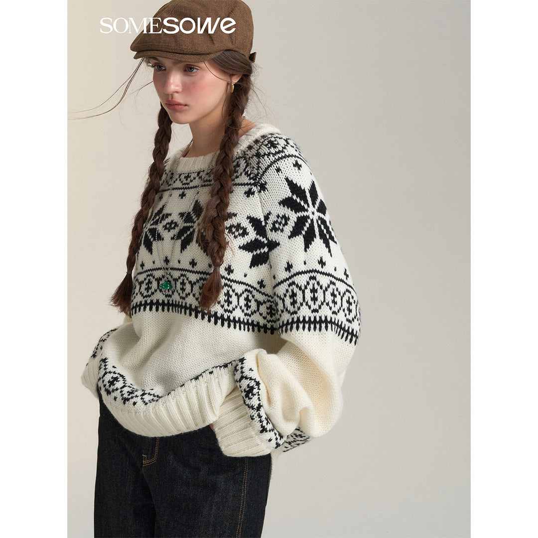 SomeSowe Vintage Jacquard Round-Neck Knit Sweater White