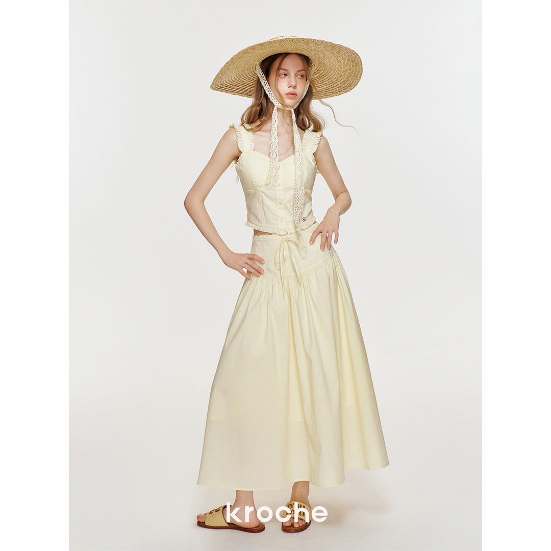 Kroche Bow Wrinkle Lace Edge Long Skirt Yellow