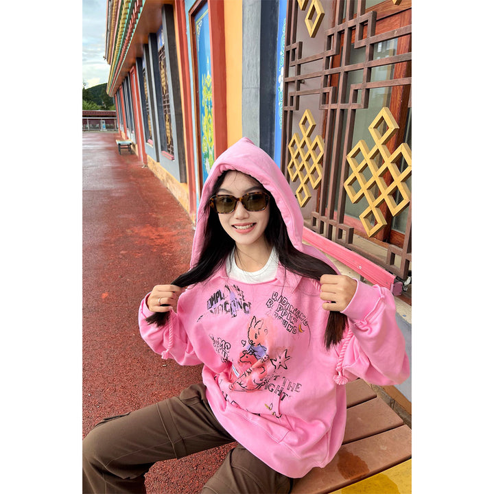 Alexia Sandra Printed Graffiti Rabbit Distressed Hoodie Pink