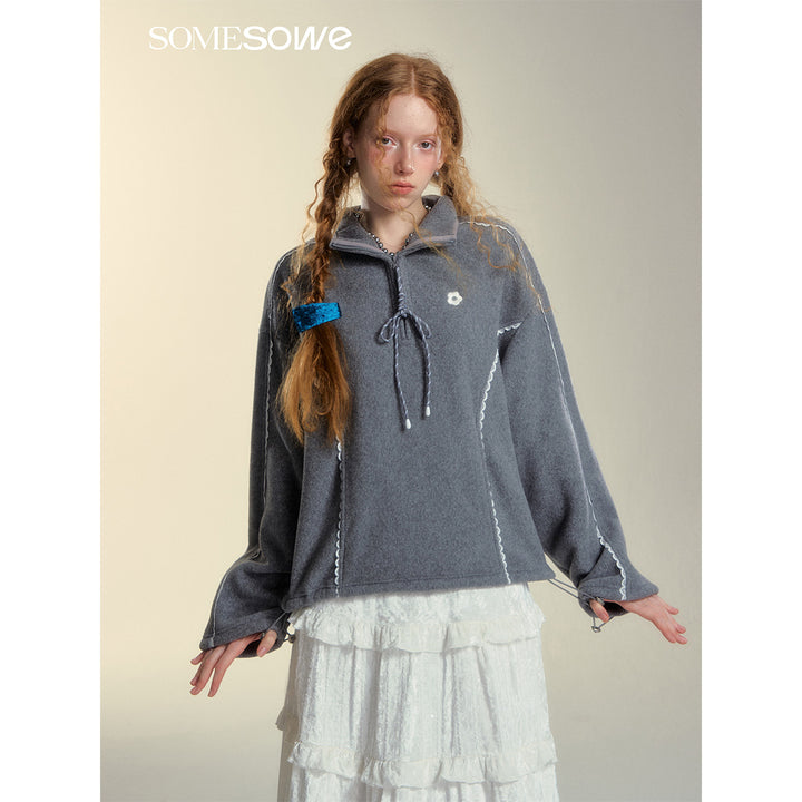 SomeSowe Lace Patchwork Fleece Sweatshirt Gray