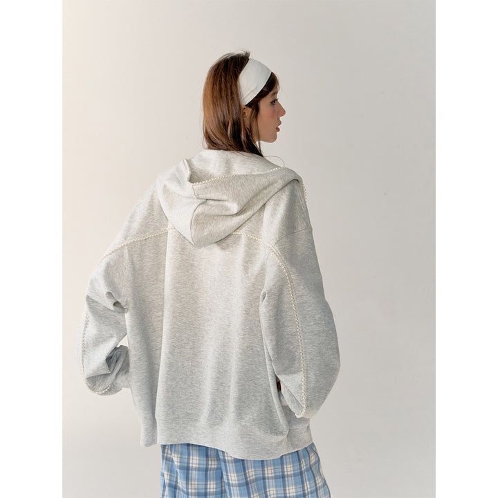 AsGony 3D Pearl Hot-Drilled Letter Zipper Hoodie