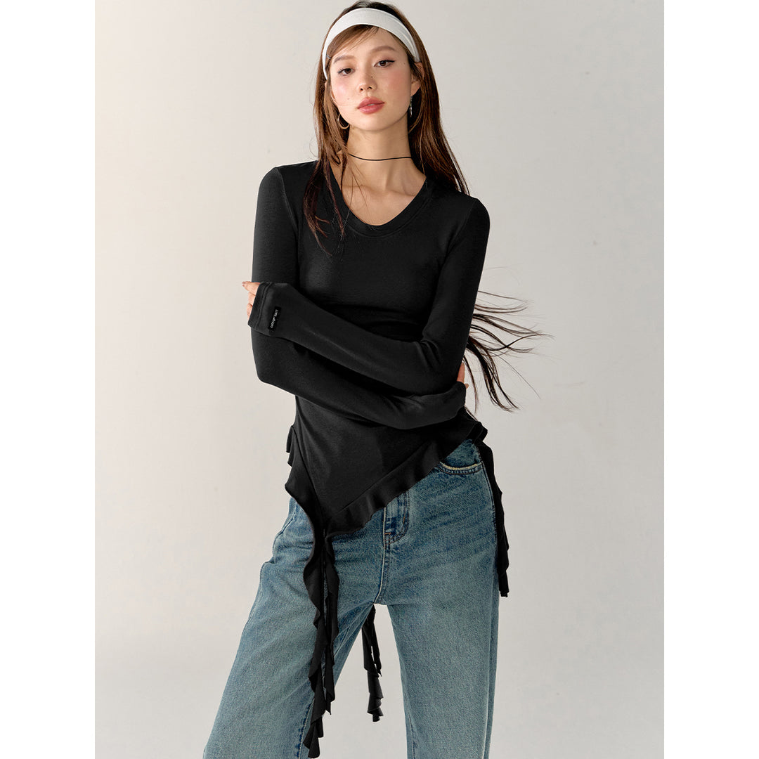 AsGony Irregular Ribbon Waisting Slim Top Black