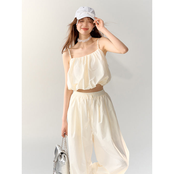 AsGony High Waist Drawstring Wide Leg Pants Beige