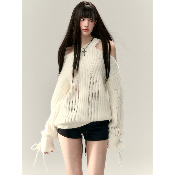 Via Pitti Rose Bow Irregular Collar Two-Way Sweater White