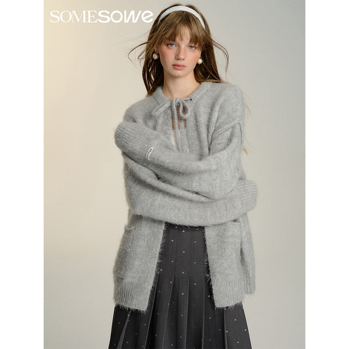 SomeSowe Silhouette Lace Up Furry Cardigan Gray