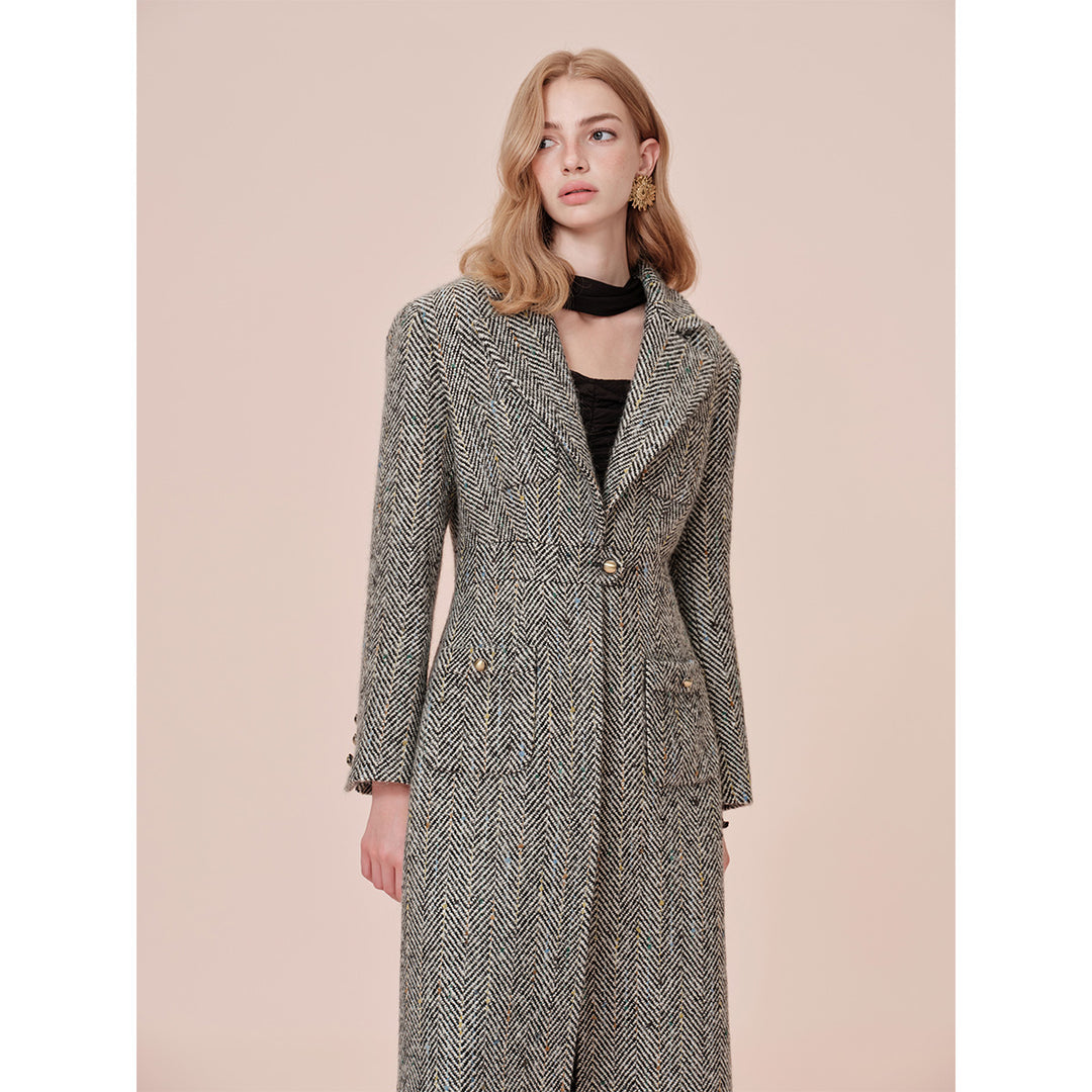 Rocha Roma Colored Dots Plaid Lapel Tweed Long Coat