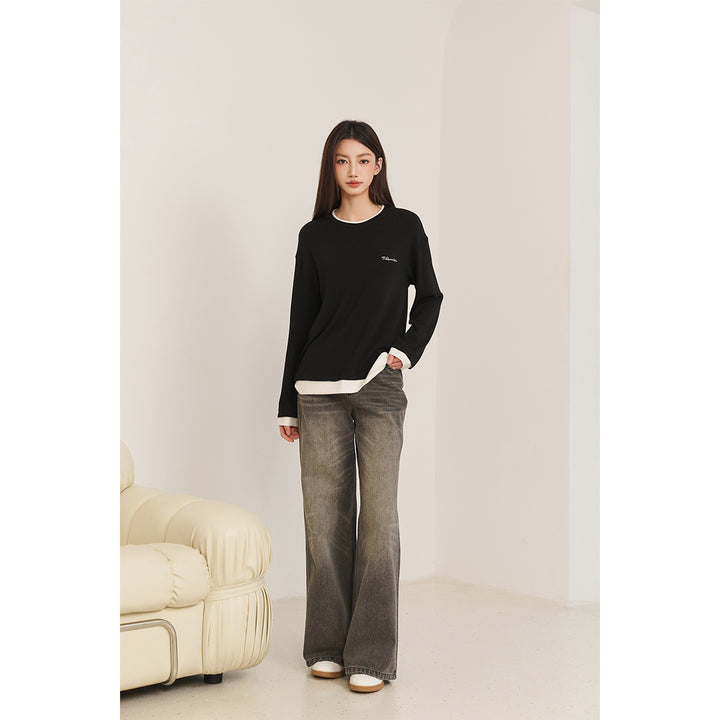 Three Quarters Fake-2-Piece Mousse Cashmere Loose Top Black