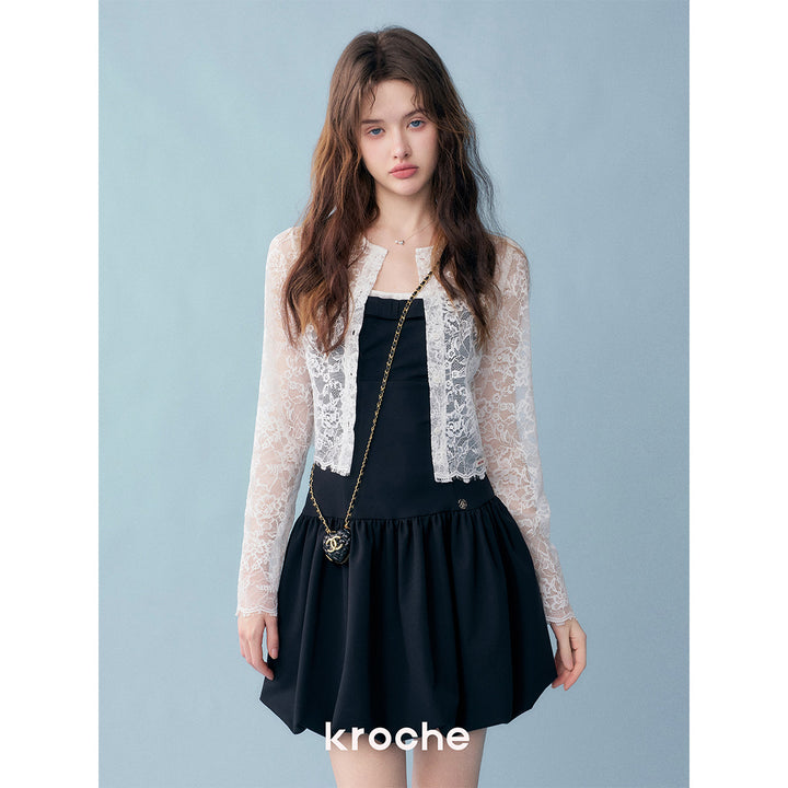 Kroche Color Blocked Bow Patchwork Bud Dress Black