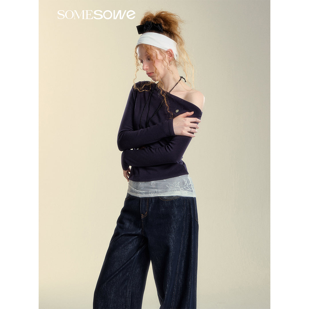 SomeSowe Color Blocked Casual Denim Pants Dark Blue