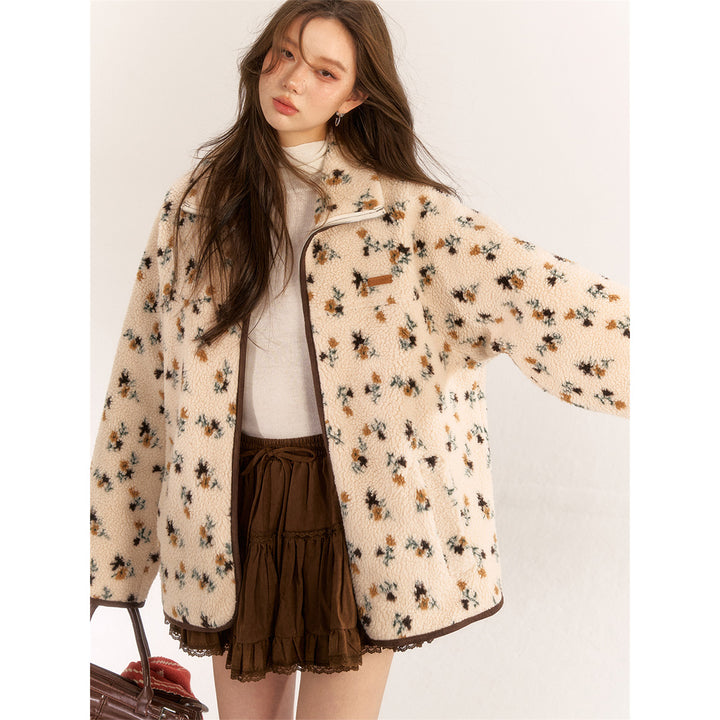 AsGony Retro Floral Lapel Woolen Padded Jacket