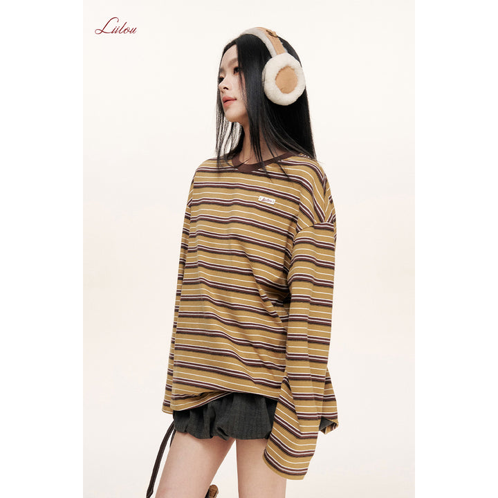 Liilou Athflow Contrast Color Striped L/S Top Brown