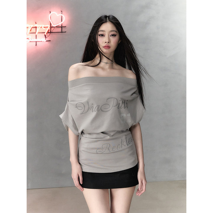 Via Pitti Double Layered Off-Shoulder Top Gray