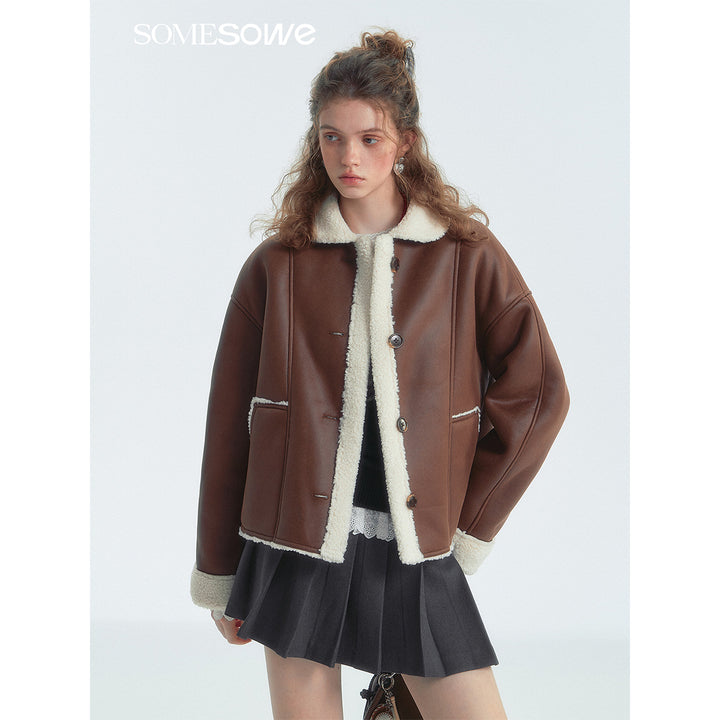 SomeSowe Lapel Leather Integrated Furry Short Jacket Brown