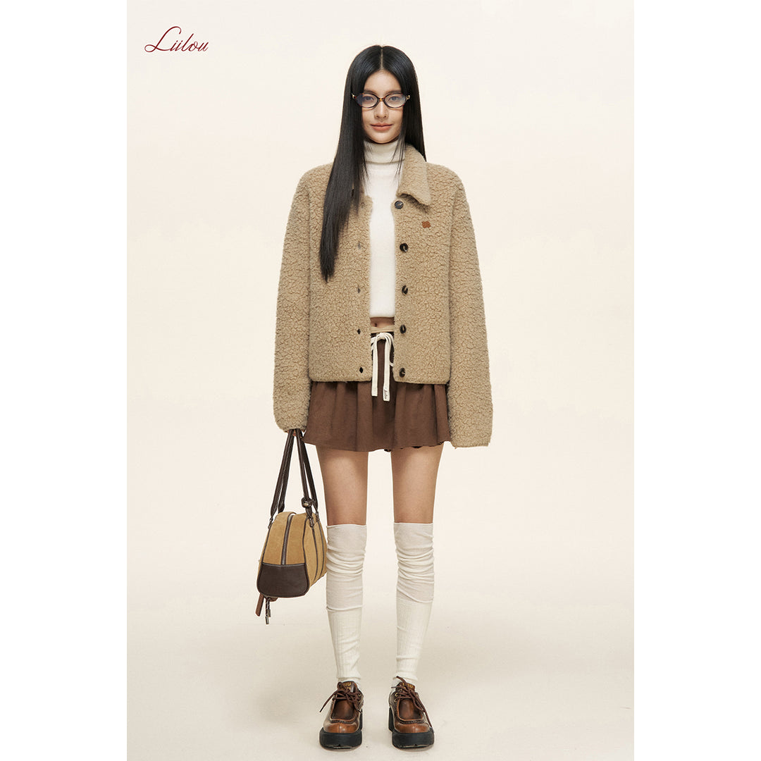 Liilou Loop Woolen Lapel Fleece Cardigan Khaki