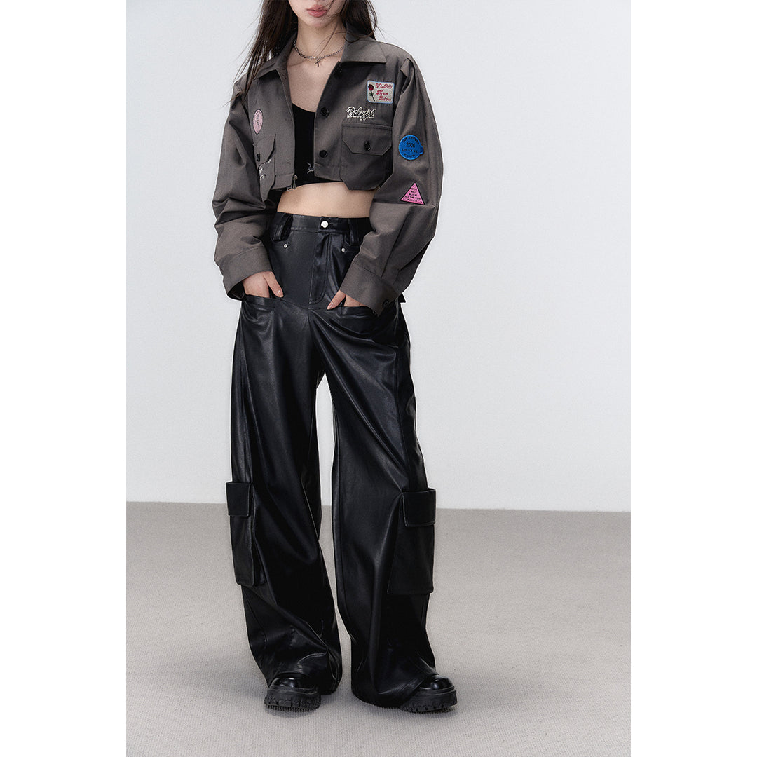Via Pitti 3D Large Pocket Wide-Leg Leather Pants Black - Mores Studio