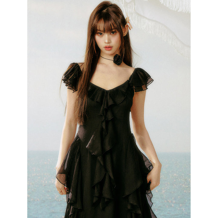 AsGony Ruffled Patchwork Slip Long Dress Black