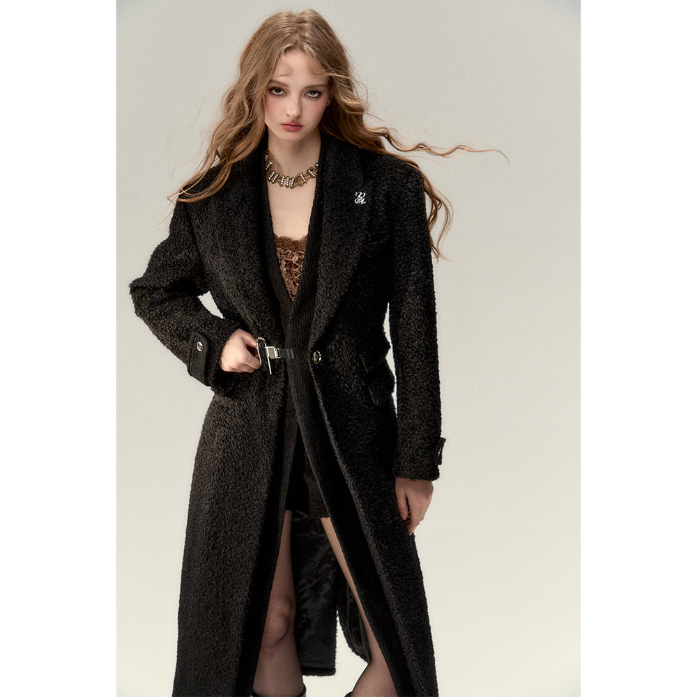 Via Pitti Fake-2-Piece Thicken Long Fleece Coat Black - Mores Studio