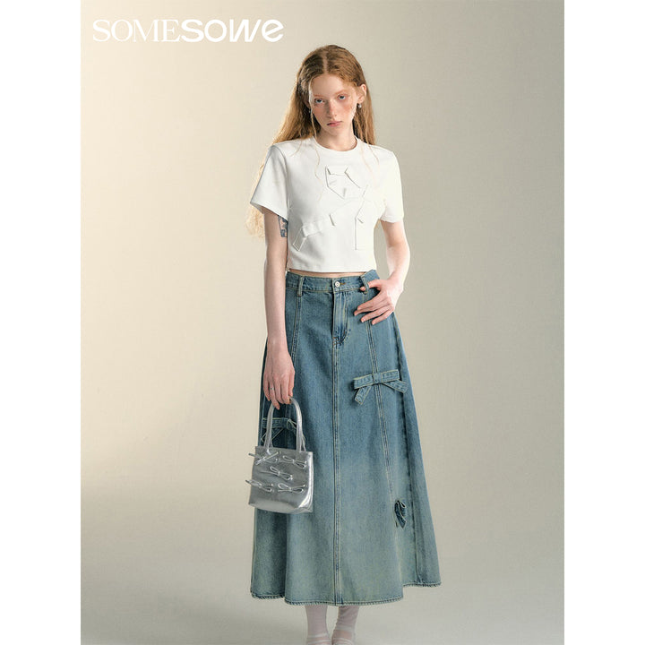 SomeSowe Gradient Stereo bow Denim Long Skirt