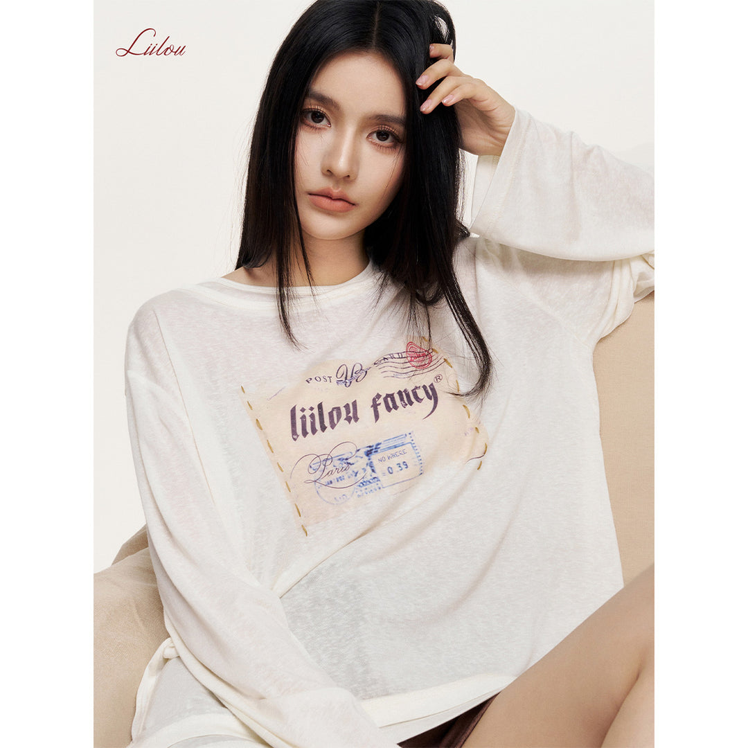 Liilou Stamp Printed Fake-2-Piece Irregular Top Cream