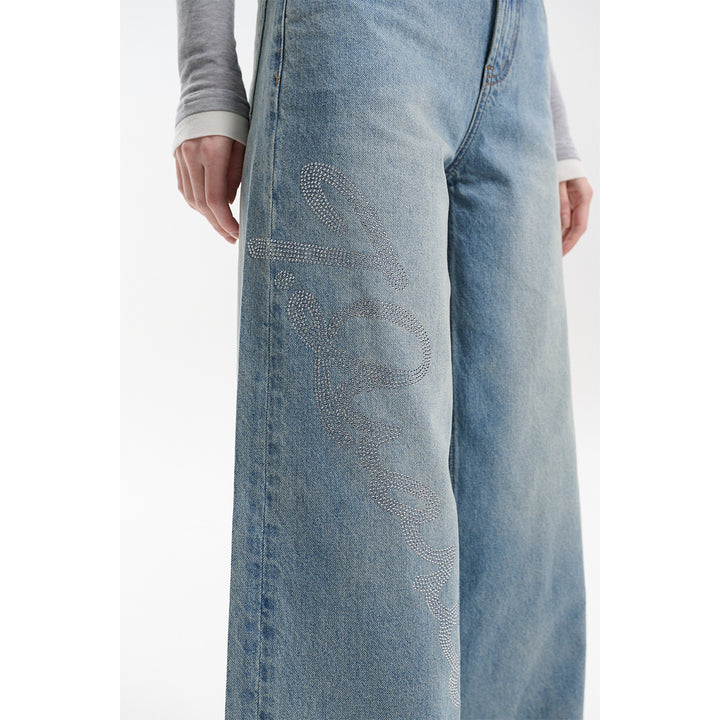 Three Quarters Hotfix Logo Loose Wide-Leg Jeans Blue