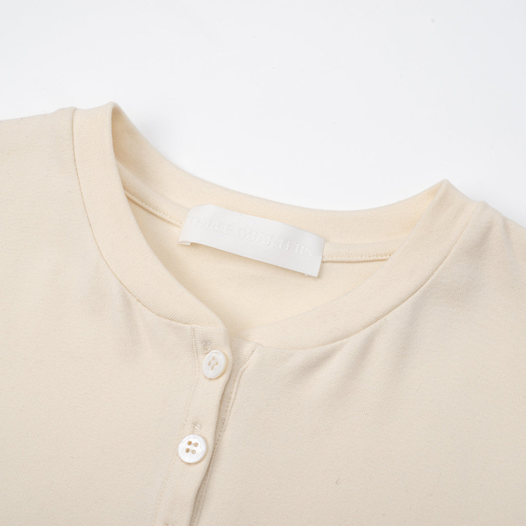 Three Quarters Hotfix Logo Henry Collar Slim Top Beige