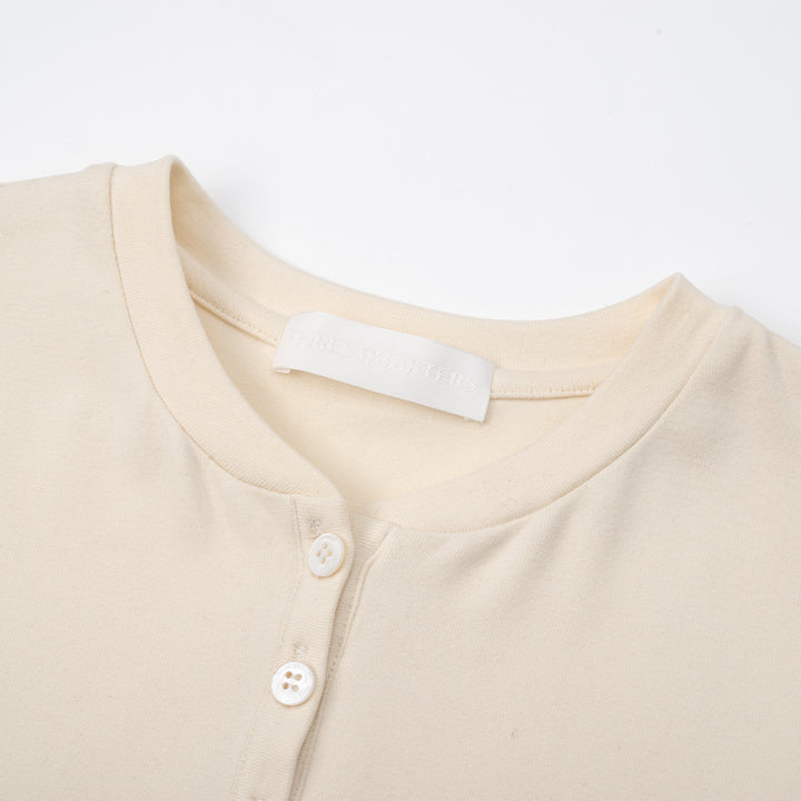 Three Quarters Hotfix Logo Henry Collar Slim Top Beige