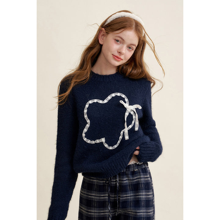 Kroche Lace Petal Woolen Knit Sweater Navy Blue