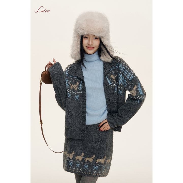 Liilou Fair Isle Jacquard Lapel Woolen Knit Cardigan