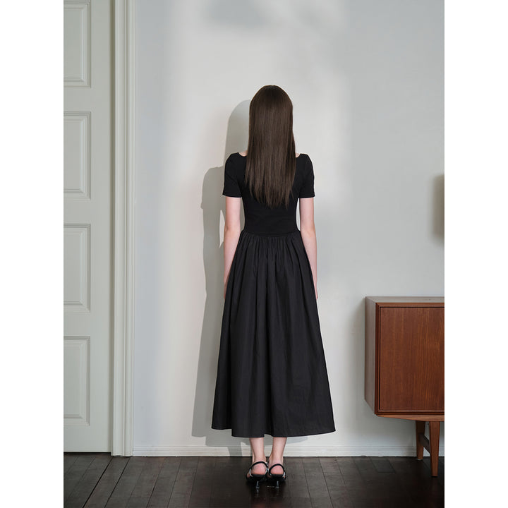 Three Quarter Rhinestone Logo Hollow-Out Dress Black - Mores Studio