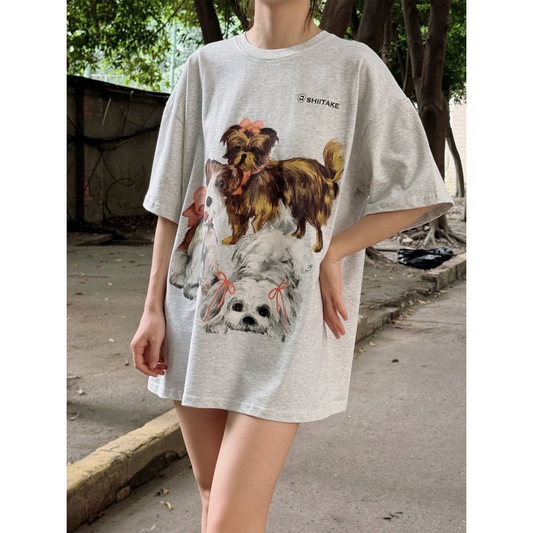 Shiitake Puppy Family Printed T-Shirt Gray