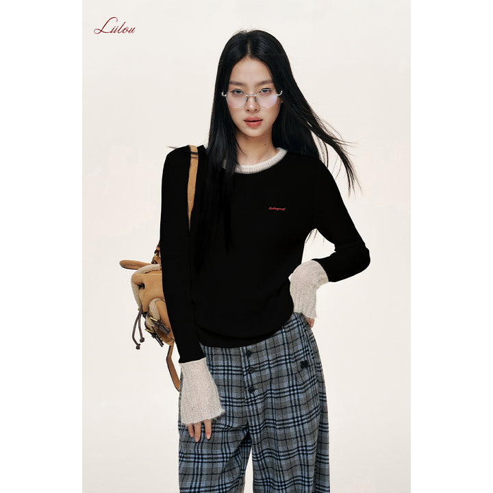 Liilou Mohair Patchwork Woolen Knit Top Black