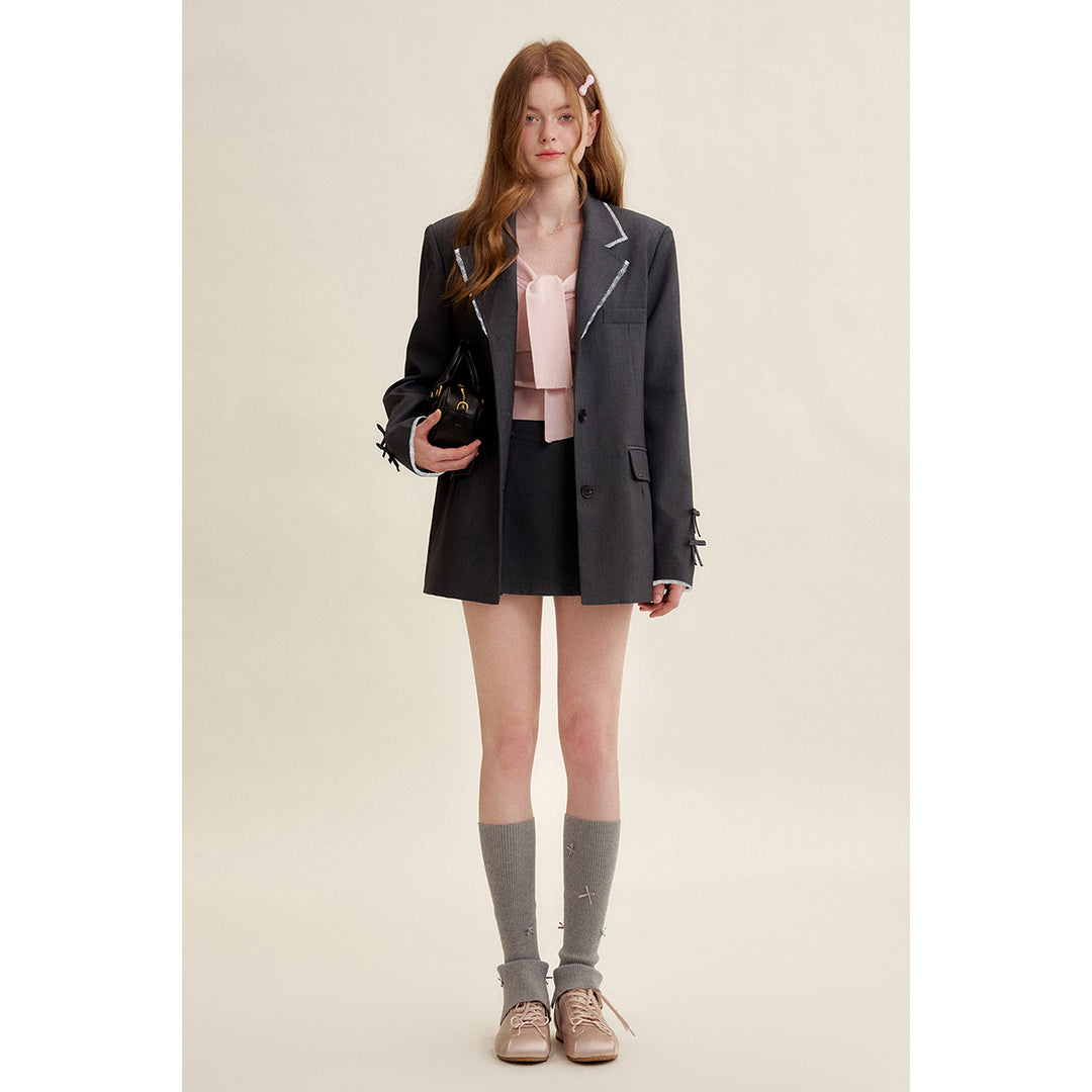 Kroche Blended Woolen Bow Flat Collar Suit Jacket Gray