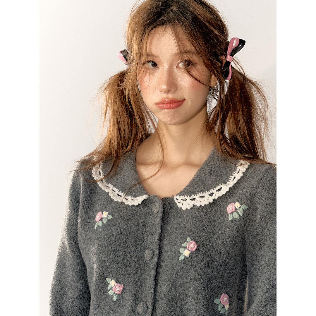 AsGony Embroidery Lace Flower Doll Collar Cardigan