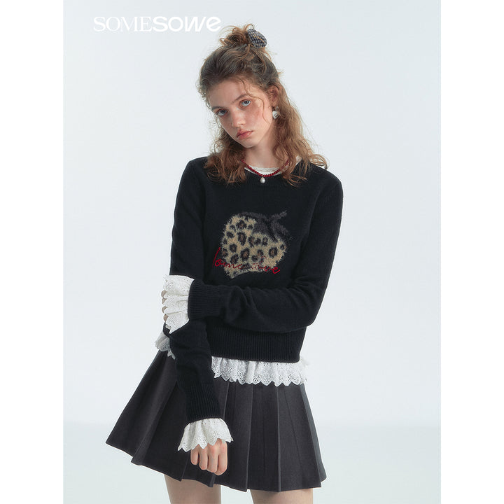 SomeSowe Leopard Strawberry Knit Sweater Black