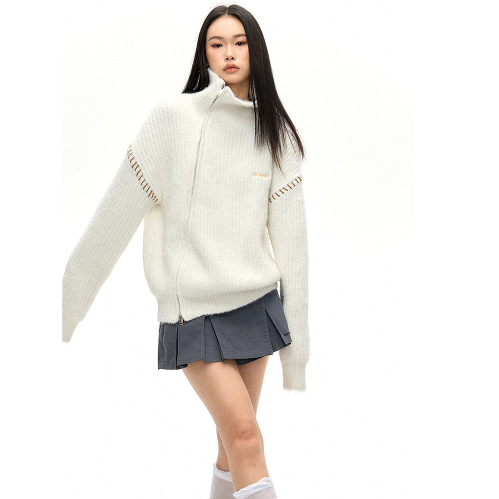 NotAwear Color Blocked Drawstring Zipper Knit Sweater White - Mores Studio