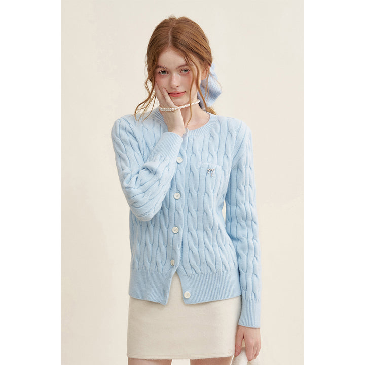 Kroche Blended Woolen Bow Embroidery Twist Cardigan Blue